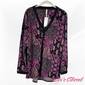 NY Collection Women's Fuchsia Black Abstract Floral Tunic High Low Sz XL.